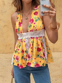 INAWLY Camiseta de mujer con parches de encaje con estampado floral menudo - Multicolor - Ver 1