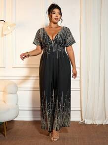 Cravure Plus Size Women V-Neck Batwing Sleeve Metallic Sequins Graphic Jumpsuit, Sexy Wide Leg One Piece Playsuit For Summer - Multicolor - View 5
