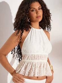 Opulessa Summer Outdoor Holiday Date Set, Plain Knitted Lace Necktie Top With A Full Back And Ruffled Hem Floor-Length Skirt For Ladies. Summer Beach Set For Vacation, Back-To-School Outfit, Very Simple Outfit, Office Outfit, Old Money Outfit, Teacher Outfit, Date Outfit, Graduation Season, Ladies' Independence Day Clothing, Outfit For Attending Wedding Season Sister Afternoon Tea Party And Festival Gathering.