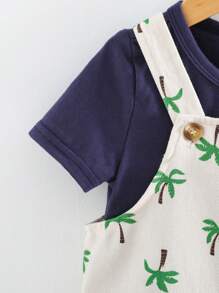 Cozy Pixies 2pcs Baby Boy Solid Knit Soft Crew Neck Short Sleeve Top And Coconut Tree Pattern Bib Overall Shorts Set - Multicolor - View 6