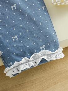 Girls' Denim Bow Print Ruffle Trim Jumpsuit Overall, Versatile - Blue - View 6