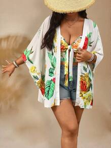 SHEIN Clasi Plus Size Femei Vară Nou Sosire Casual Beach Resort Imprimat în stil boem Resort Beach Cardigan cu mânecă lungă, Pantaloni scurți largi cu talie elastică Set 2 buc, primăvară/vară - Multicolor - Vizualizare 7
