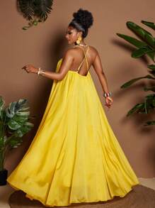 Maweii 大码女式纯色露背长款度假连衣裙 - 黃色 - 查看 2