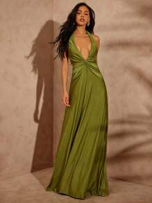 Hauture 女式夏季度假性感夜场橄榄绿后背扭纹低V领长裙 - 綠色 - 查看 3