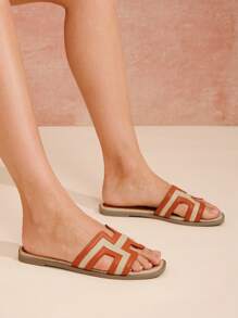 SHUZIA Giày sandal đế bằng mũi vuông hở mũi chữ H cho nữ mùa hè - Màu be - Xem 5