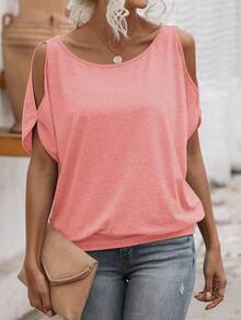 EMERY ROSE Camiseta unicolor de hombros descubiertos con cordón trasero - Rosa coral - Ver 5