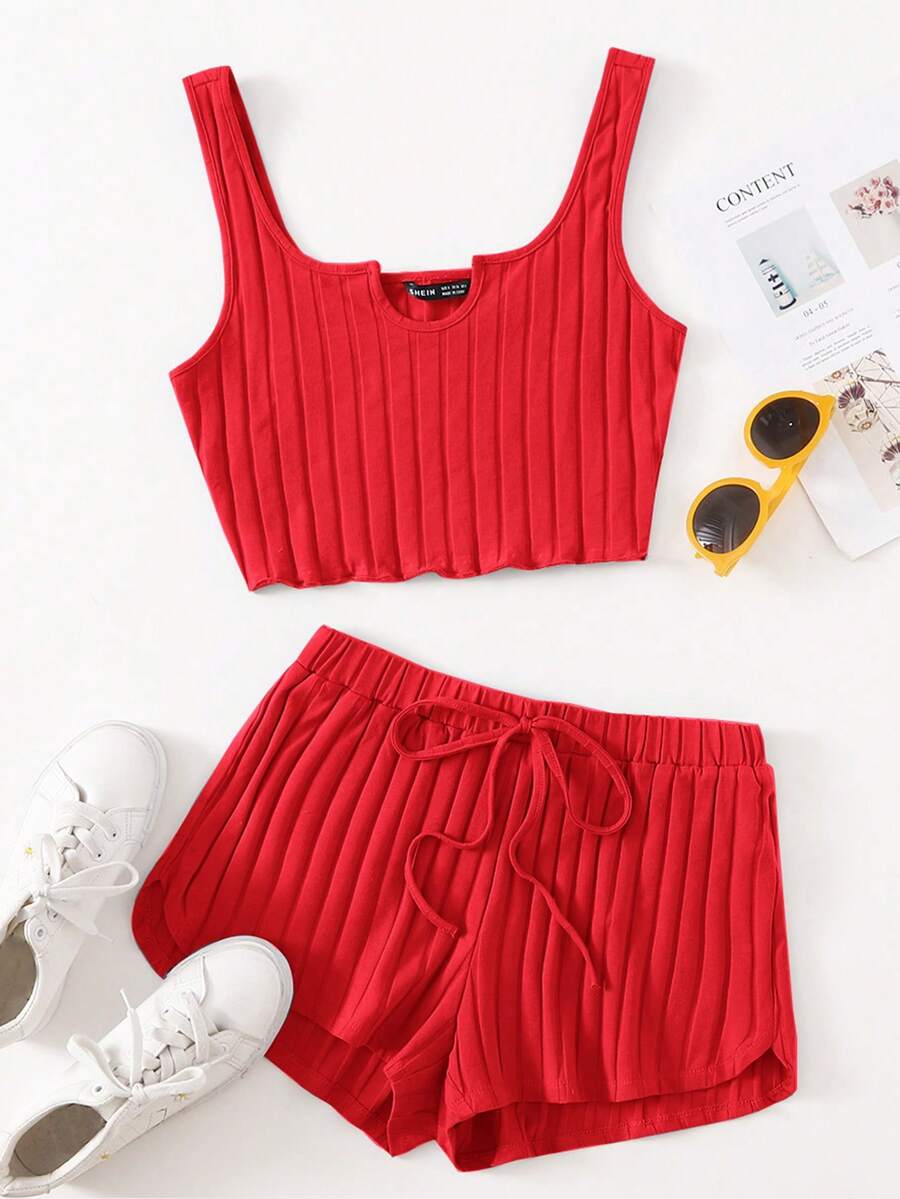 SHEIN EZwear Women Solid Color Cami & Shorts Knit 2 Pieces Set, Fashionable Outfit For Summer
