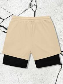 Manfinity LEGND Men's 2-In-1 Multifunctional Casual Shorts, Cross & Slogan Print Running Shorts With Drawstring Elastic Waist And Pockets, Suitable For Gym, Fitness And Sports, Great Gift For Husband Or Boyfriend, For Back To School