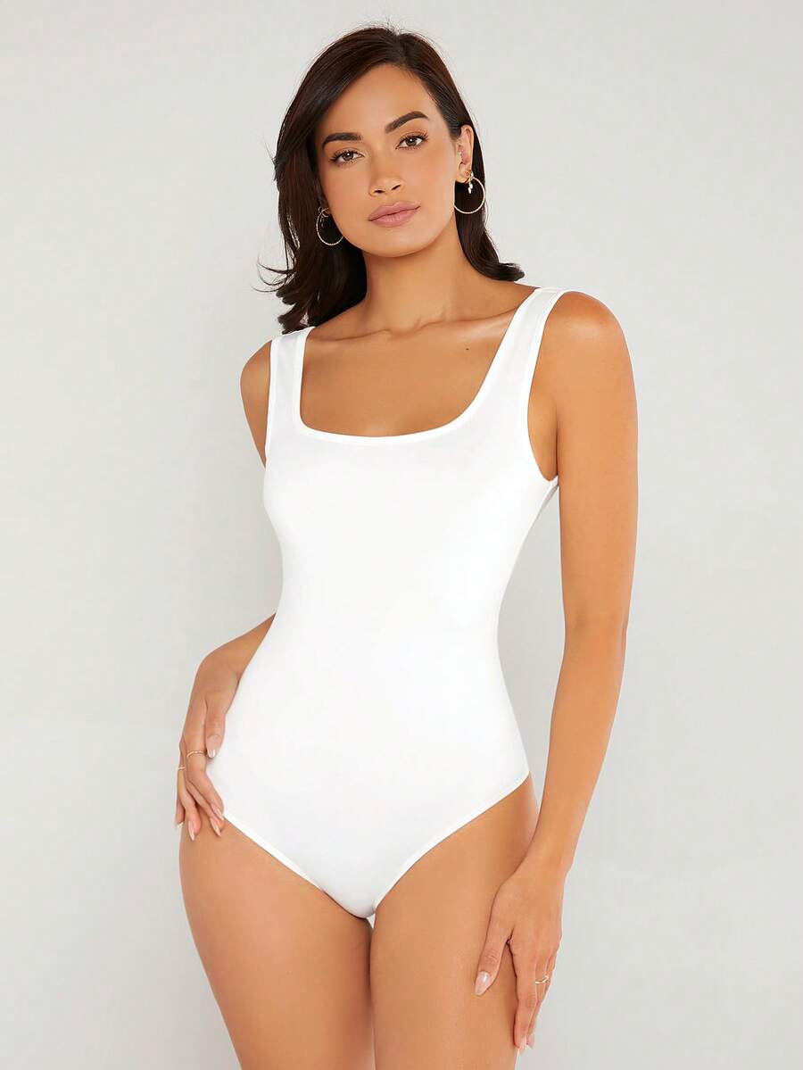 SHEIN BASICS 女款素色方領休閒連身衣夏季套裝