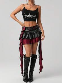SHEIN ICON Women Black & Red Contrast Color PU Leather Punk Style Plaid Metal Waist Belt Lace Pendant Asymmetric Hem Mini Skirt - Black - View 7
