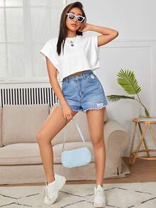 SHEIN EZwear 女士纯色圆领蝙蝠袖休闲T恤 - 白色 - 查看 3