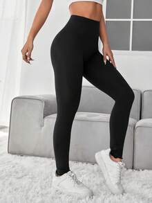 SHEIN PETITE Solid High Waist Bodycon Black Leggings - Black - View 4