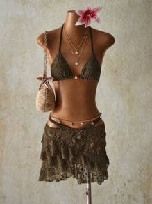 SHEIN ICON Women's Vacation Waist Cutout Ruffle Hem Fashion Coverup Skirt, Y2k Clothes Women Bohemian Skirt Hippie Skirt Bikini Cover Up Skirt Khaki Skirt Lace Skirt - Green - View 7