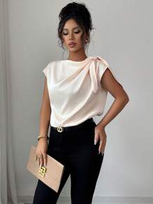 Rafferiza Elegant Solid Color Satin Shirt, Women's Summer Lightweight Sophisticated Twist Lapel Blouse