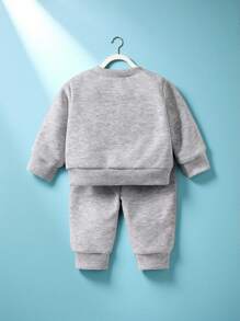 SHEIN Newborn Baby 2‑Piece Outfit, 3D Cartoon Elephant Shoulder Snap Long Sleeve Top & Jogger Pants Set, Infant Casual Tracksuit - Grey - View 2