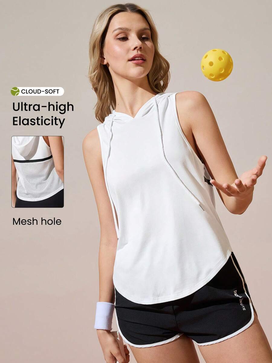 CourtClass 女式夏季简约无袖连帽运动卫衣 - 白色 - 查看 1