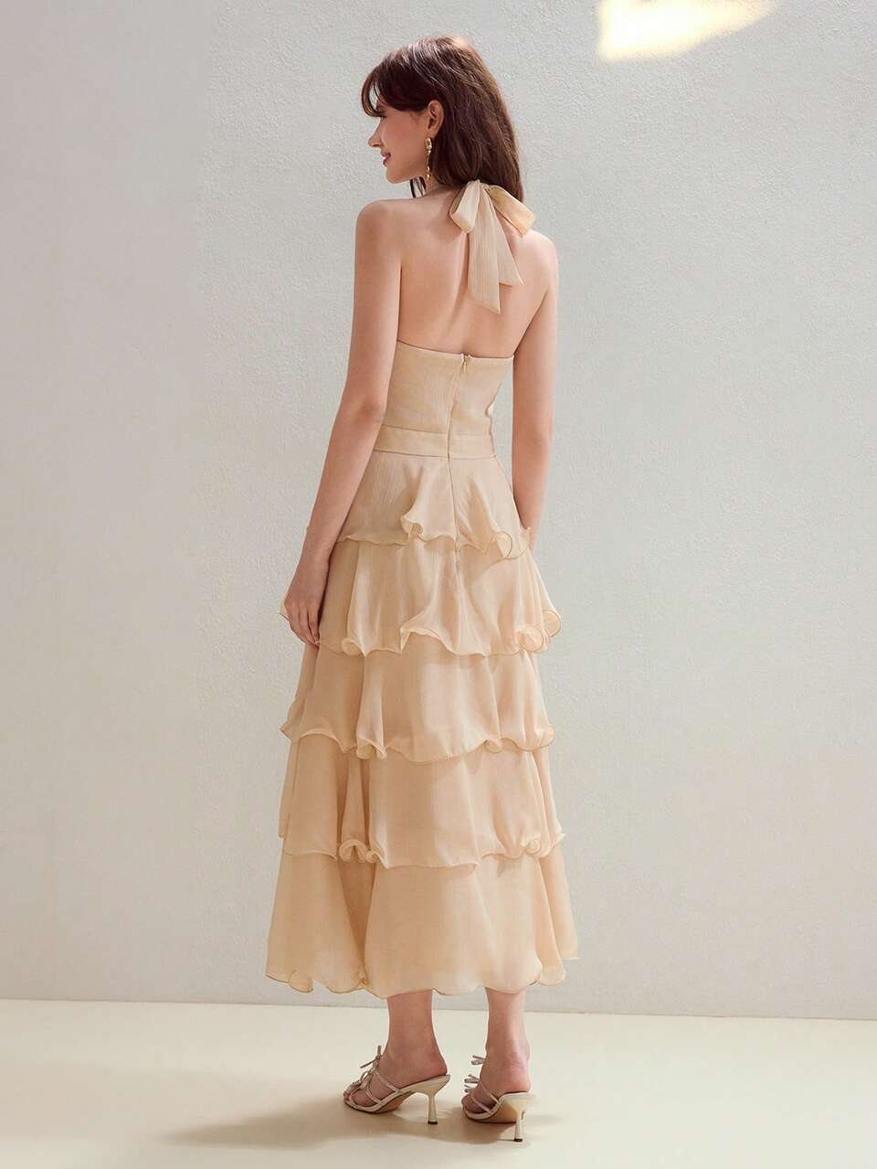 MOTF STUDIO ROMANTIC HOLIDAY HALTER NECK LAYERED RUFFLE HEM MID-LENGTH DRESS