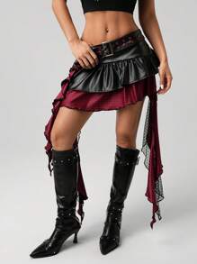 SHEIN ICON Women Black & Red Contrast Color PU Leather Punk Style Plaid Metal Waist Belt Lace Pendant Asymmetric Hem Mini Skirt - Black - View 4