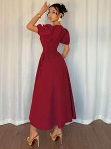 Elenzga Vestido elegante y romántico para vacaciones, ajustado a la cintura, con volantes, mangas abultadas y hombros descubiertos, de color azul francés, para bodas de verano de 2025
