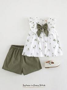 Cozy Pixies 2pcs Baby Girl Ditsy Floral Ruffle Trim Top And Solid Color Shorts Set