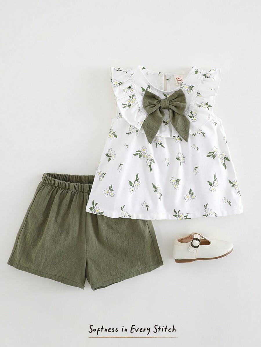 Cozy Pixies 2pcs Baby Girl Ditsy Floral Ruffle Trim Top And Solid Color Shorts Set