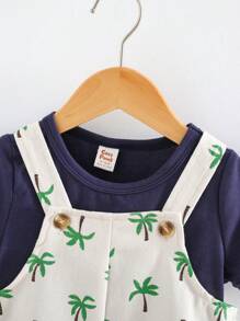 Cozy Pixies 2pcs Baby Boy Solid Knit Soft Crew Neck Short Sleeve Top And Coconut Tree Pattern Bib Overall Shorts Set - Multicolor - View 4