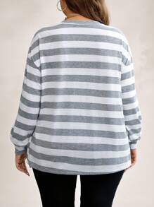 SHEIN LUNE Plus Size Women's Autumn/Winter Striped Print Loose Crew Neck Long Sleeve Casual Fashion T-Shirt With Side Slits Thanksgiving Holiday - Multicolor - View 2