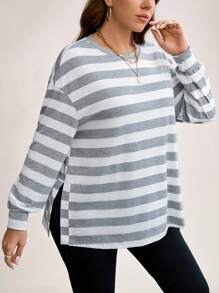 SHEIN LUNE Plus Size Women's Autumn/Winter Striped Print Loose Crew Neck Long Sleeve Casual Fashion T-Shirt With Side Slits Thanksgiving Holiday - Multicolor - View 6