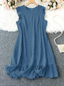 EMERY ROSE Robe casual sans manches à volants et couleur unie pour grandes tailles - Bleu canard - Voir 1