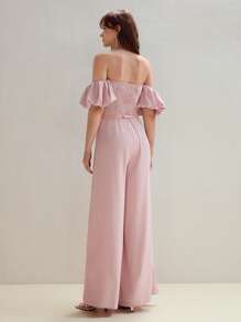 MOTF PREMIUM 优雅露肩褶饰紧身胸衣蝴蝶结腰带阔腿连体裤 - 粉色 - 查看 6