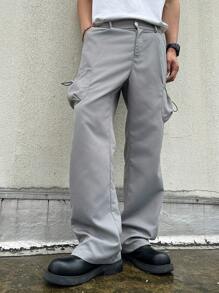 Manfinity Hypemode Pantalones casuales sueltos rectos con varios bolsillos y botones de unicolor para hombre - Gris Oscuro - Ver 1