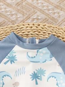 SHEIN 婴幼儿男童恐龙印花拉链连体泳衣（含帽子）套装 - 彩色 - 查看 6