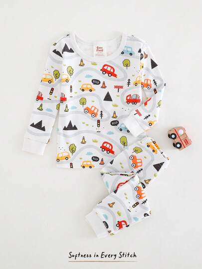 Cozy Pixies Baby Boy Cartoon Car Print Soft Knit Crew Neck Long Sleeve Top And Elastic Waist Long Pants Snug Fit 2-Piece Pajama Set