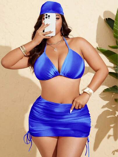 Slaydiva Conjunto de bikini de 4 piezas para mujer talla grande con estampado de teñido anudado, falda de malla con volantes, diadema, traje de baño para vacaciones de verano en la playa