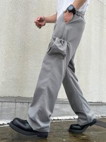 Manfinity Hypemode Pantalones casuales sueltos rectos con varios bolsillos y botones de unicolor para hombre - Gris Oscuro - Ver 6