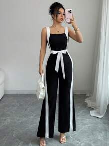 Elenzga Women's Elegant Square Neck Colorblock Jumpsuit, Tight And Wide-Leg Style, Suitable For Work And Daily Wear - Black - View 1