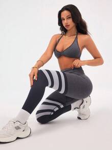 Gameset SHEIN Sport 女式撞色吊带背心和长裤运动套装 - 藏蓝色 - 查看 5