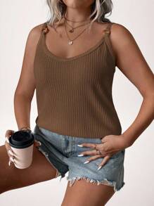 SHEIN LUNE 大码女式吊带背心，简约时尚休闲日常装夏季女士夏季上衣度假女士外出上衣女士海滩春假 - 摩卡棕 - 查看 4