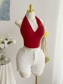 SHEIN EZwear Parte superior de camisola sin espalda con cuello halter de unicolor y talla grande, para verano