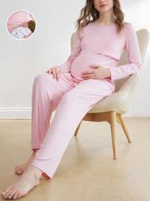 BloomMama 孕妇长袖哺乳睡衣套装两件装，带纽扣，家居服时尚睡衣