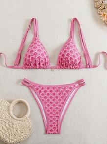 SHEIN Swim Curve 2pcs Plus Size Women Floral Print Bandeau Spaghetti Strap Top And High Waist Bottoms Bikini Set Set, Suitable For Beach Holiday