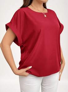 SHEIN LUNE Plus Size Solid Color Round Neck Short Sleeve Casual Shirt Valentine Day Vacation Outfits Woman Summer Outfits For Women Going Out Tops Women,Business Casual Woman,Summer,Cute Shirts,Office Business Casual Woman