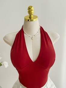 SHEIN EZwear Parte superior de camisola sin espalda con cuello halter de unicolor y talla grande, para verano