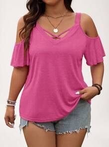 SHEIN LUNE Plus Size Casual Vacation Solid Color Open Shoulder Camisole T-Shirt Summer - Hot Pink - View 3