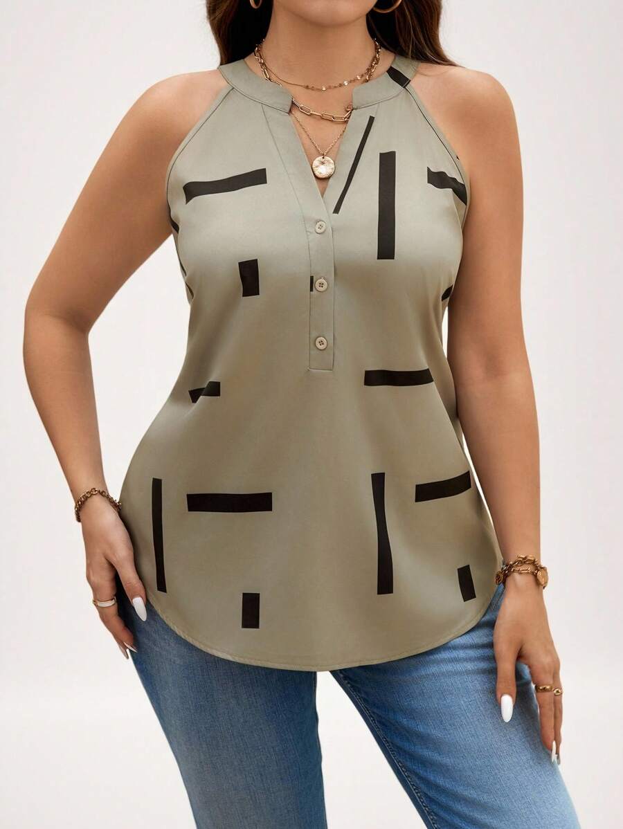 SHEIN LUNE Blusa sin mangas con cuello en V y media cartera con líneas geométricas de moda para mujer de talla grande, para verano - Multicolor - Ver 1