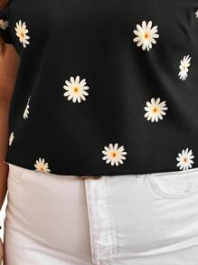 SHEIN LUNE Plus Size Women Daisy Floral Print Batwing Short Sleeve Casual Blouse Women Tops Black Shirt Fall Clothes Clothes Holiday Outfit - Black - View 5
