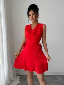 SHEIN Clasi Elegante vestido mini de verano escotado de corte ajustado con estampado floral de rosas, con una sensual estética francesa - Rojo - Ver 7