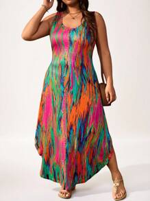 SHEIN LUNE Sommerkleid mit buntem abstraktem Muster, ärmellos, rundem Ausschnitt, große Größen, Urlaubsoutfit für Frauen, Valentinstag, Fasching, Ausgehdress für Frauen, Tops, Business-Lässig, Sommer, Süße Blusen, Büro