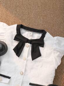 SHEIN Elegant Girls Flutter Sleeve Cardigan Sweater With Faux Pockets & Solid Color Shorts Set, Summer - Black - View 7
