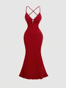 SHEIN MOD Elegante abito da ballo a sirena rosso, abito da cerimonia formale per laurea